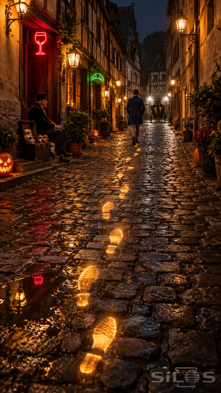 Glowing amber shoeprints lead along a wet old-town lane past pumpkins and a mask seller toward a man and distant horse cart.