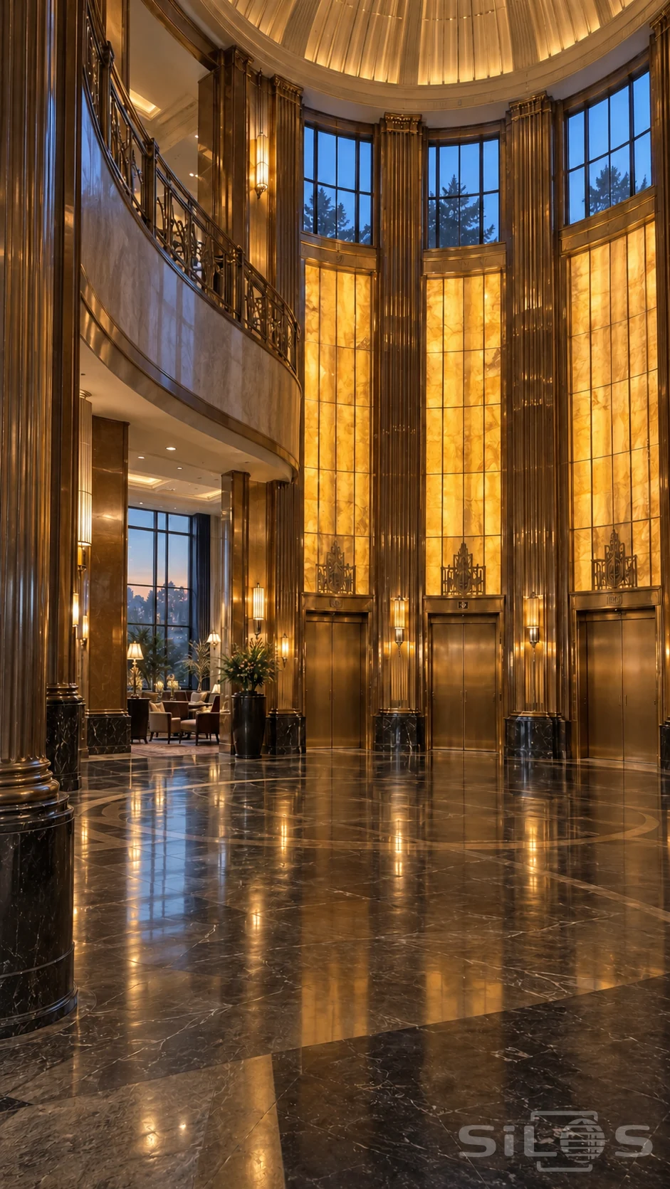 An empty bronze and amber-glass lift hall with a curved balcony, blue twilight windows and dark marble flooring.