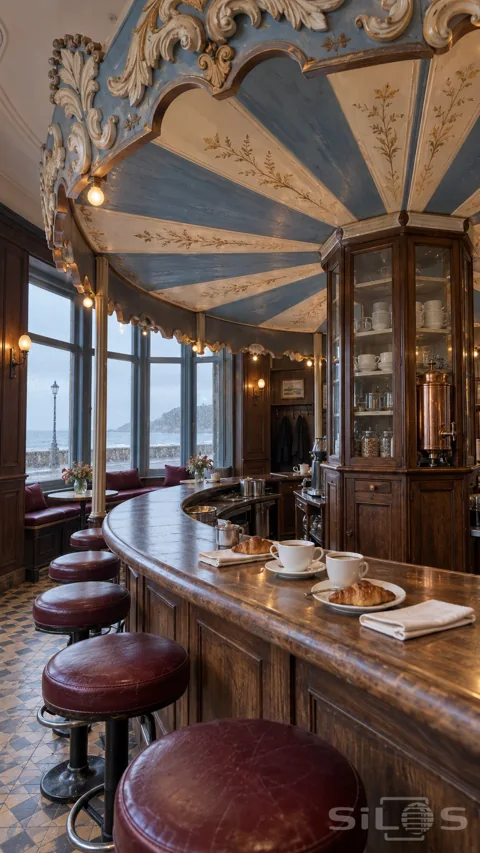 Blue and cream carousel canopy above a curved walnut breakfast counter with burgundy stools and views of a rainy seafront.