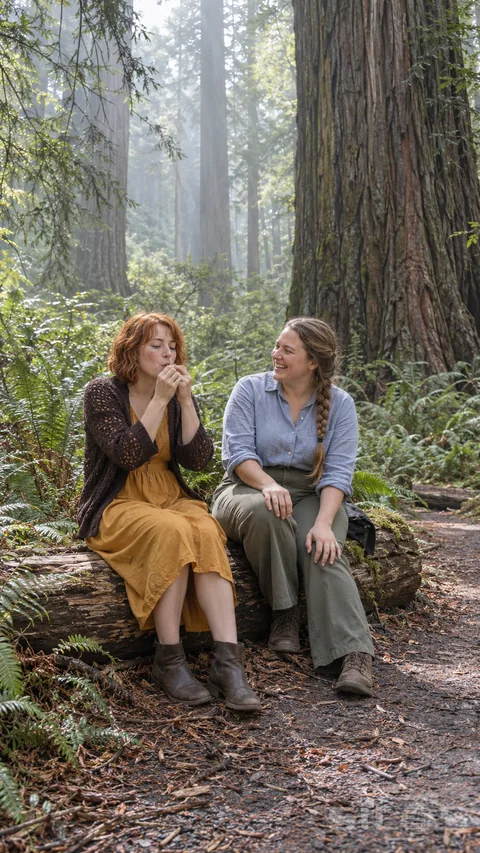 Two women sit on a log among sword ferns as one tries a grass whistle and her friend laughs toward her.