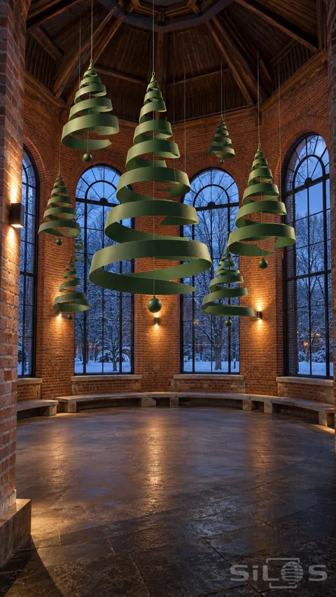 Large green spiral tree decorations hang inside a brick rotunda with tall arched windows; amber wall lights and snow-covered trees outside.