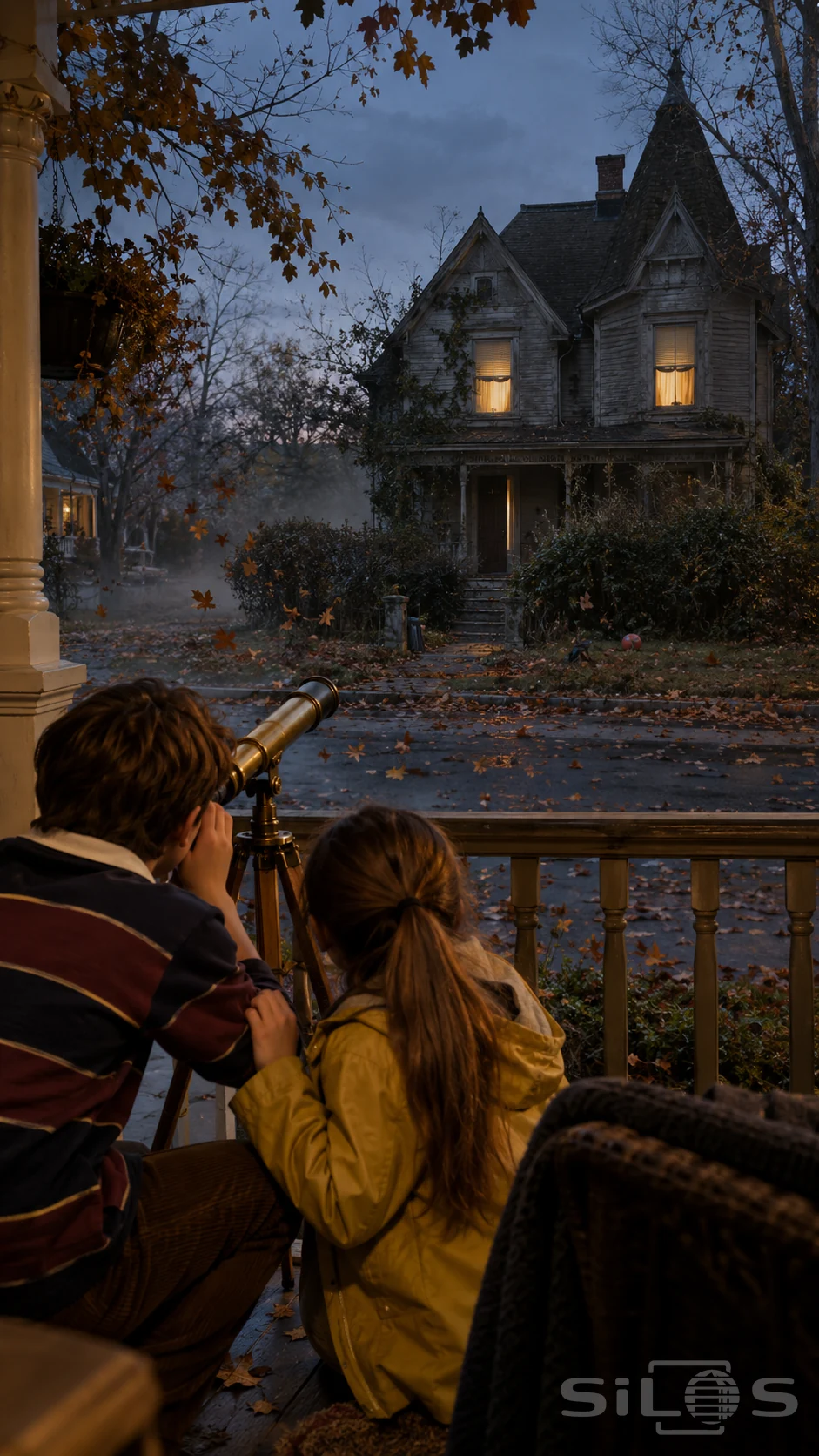 Two children crouch beside a brass telescope on a porch, watching a weathered house with two eye-like glowing windows.