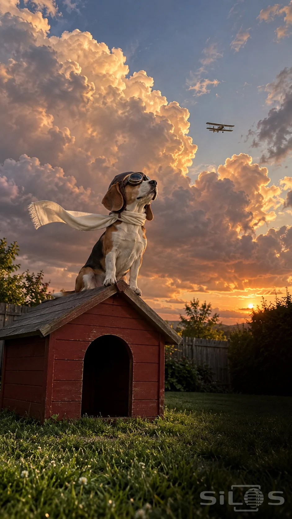 A beagle wearing aviator goggles and a white scarf sits on a red wooden doghouse beneath golden clouds and a small biplane.
