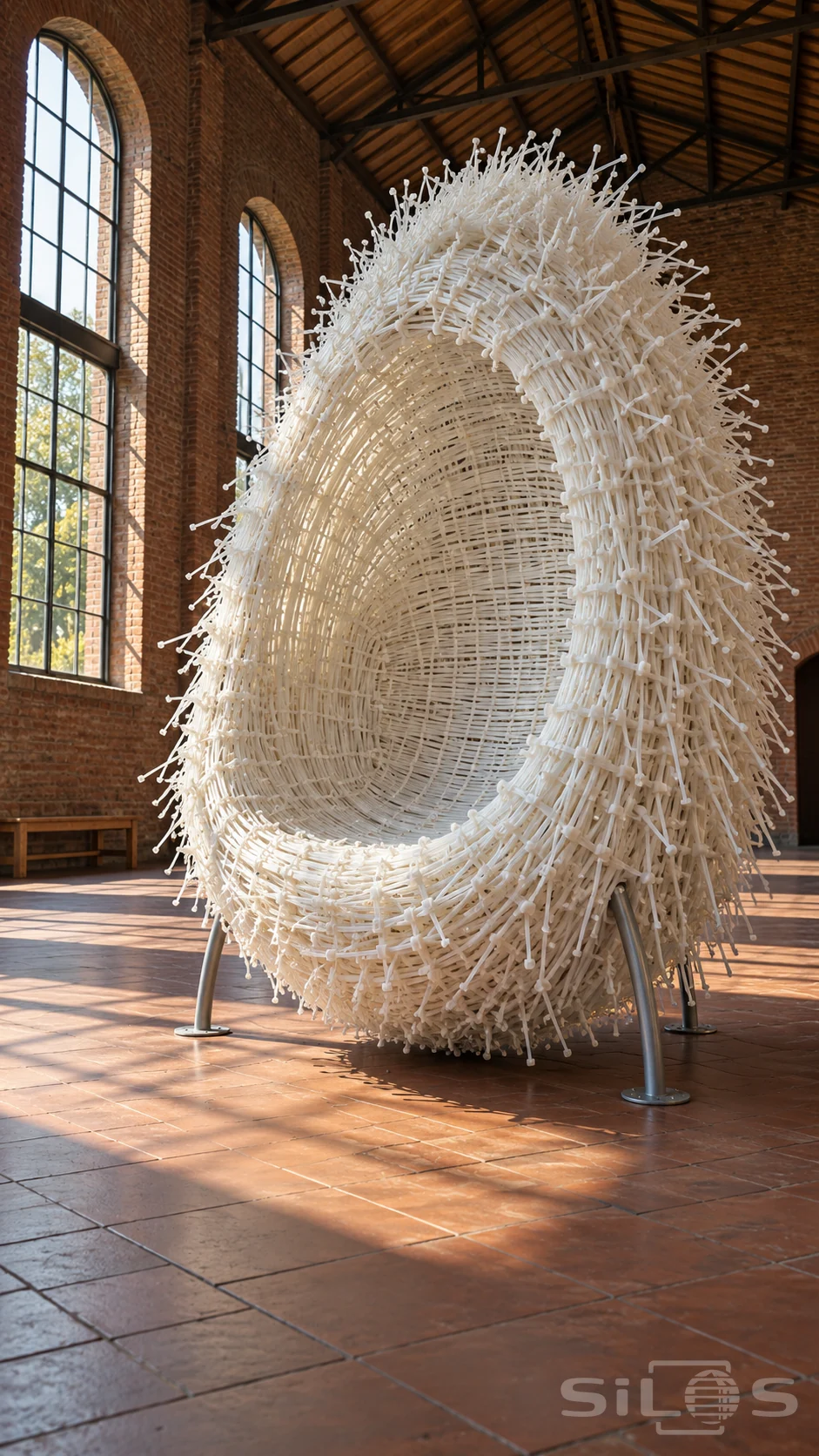 A giant white cocoon chair woven from cable ties stands on metal feet in a tall brick hall.
