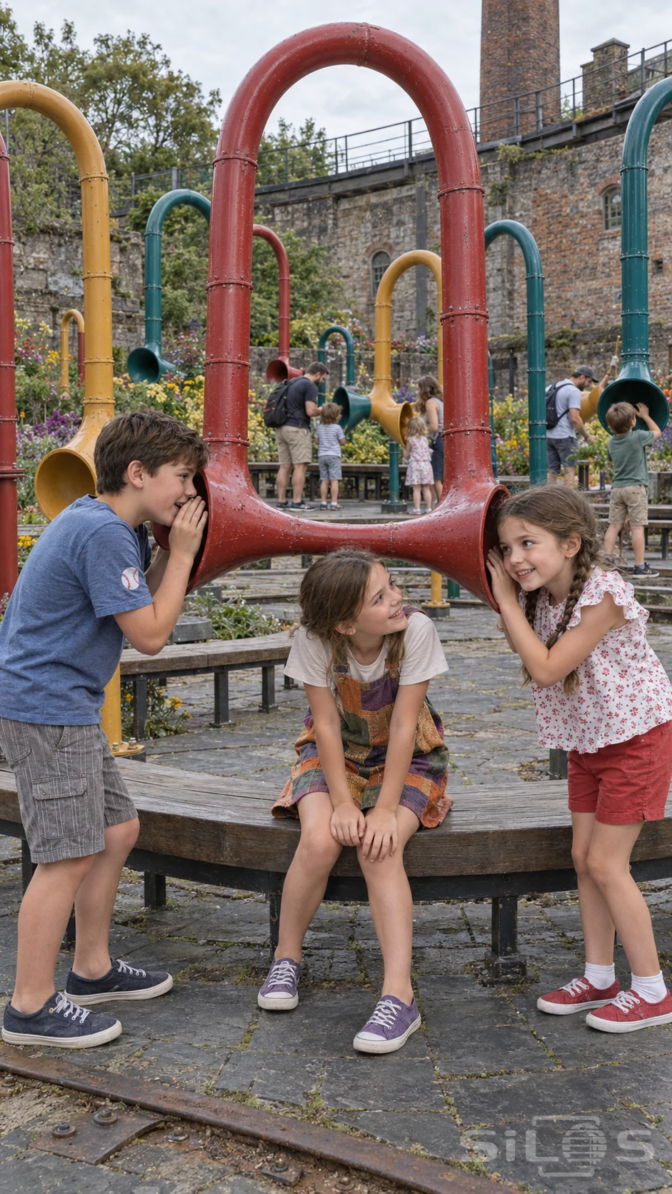 Three siblings share a secret in a speaking tube garden beneath a tall red pipe loop and weathered industrial walls.
