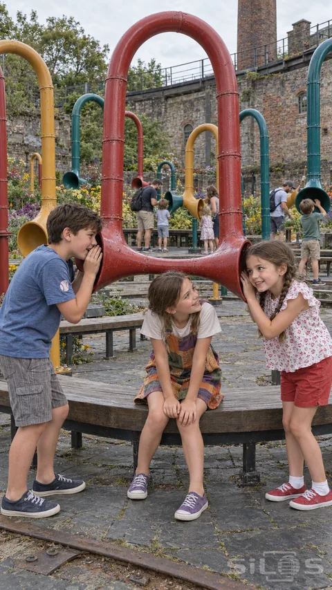 Three siblings share a secret in a speaking tube garden beneath a tall red pipe loop and weathered industrial walls.