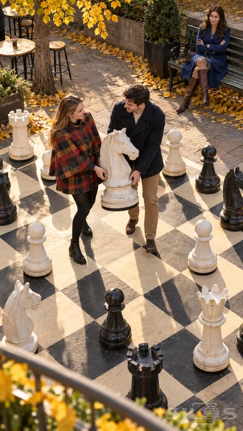 Two adults move a giant chess knight on an outdoor chessboard while another player watches from a bench.