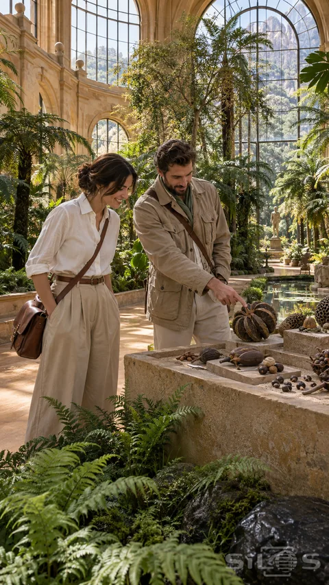 A sandstone botanical pavilion surrounds two visitors leaning toward a seed display.
