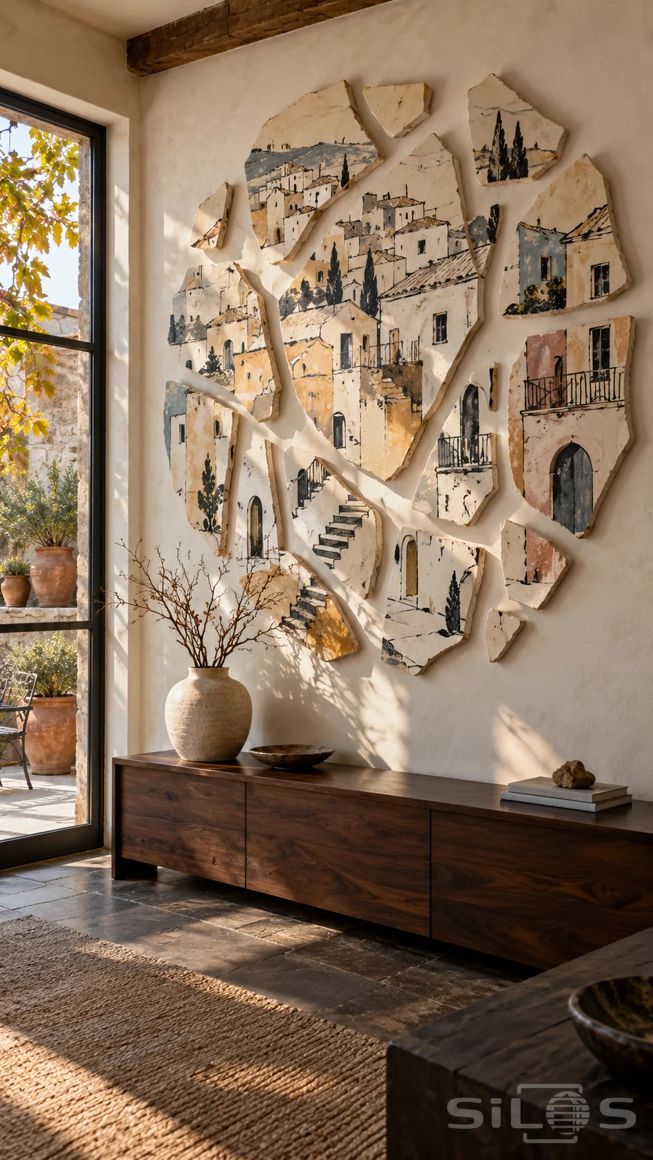 Irregular ceramic fragments painted with a hillside town hang above a walnut console beside an autumn garden window.