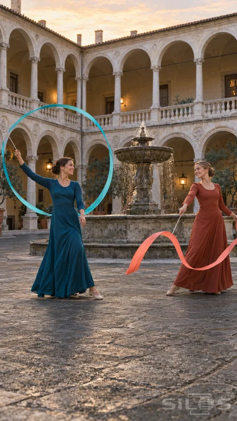 Two adult ribbon dancers in teal and terracotta dresses make separate turquoise and coral ribbon shapes beside a courtyard fountain.