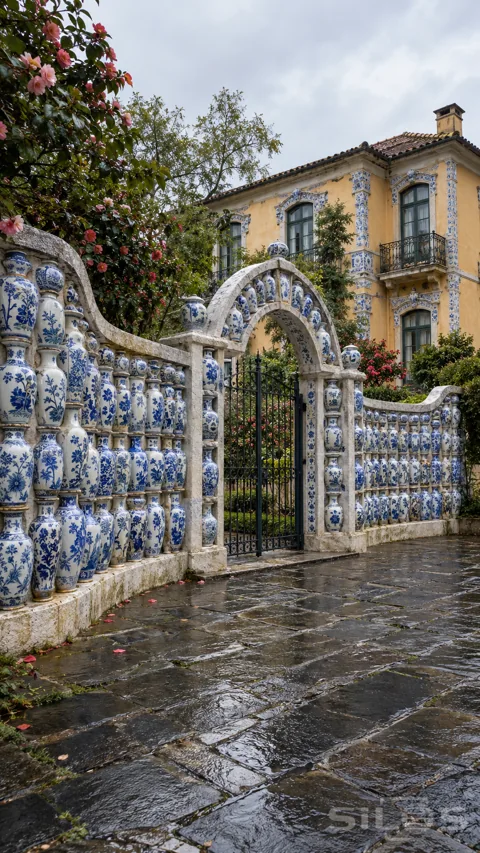 Rows of blue-and-white porcelain vases fill a curving stone garden wall and gateway in front of an ochre villa.