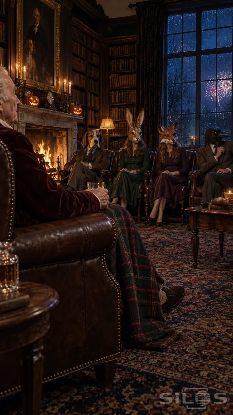 An elderly man in a leather chair faces relatives wearing hound; hare; fox and crow masks in a fireside library.