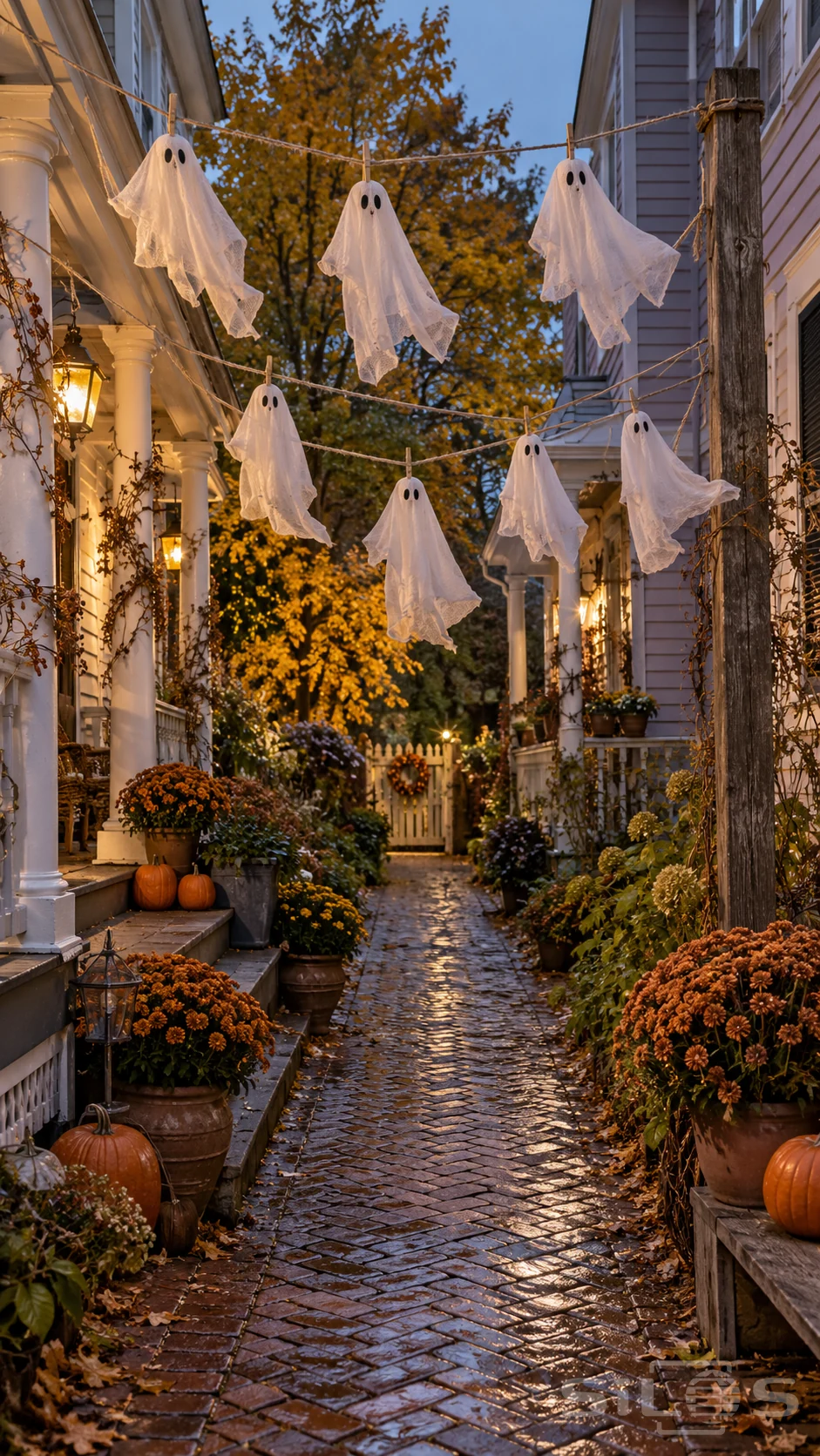 Seven cheesecloth ghosts hang from a ghost clothesline above a wet brick garden between decorated neighborhood porches.