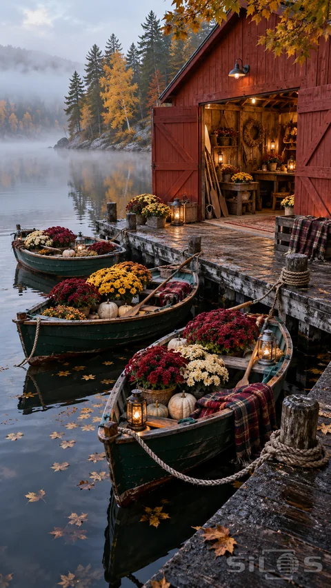 A chrysanthemum boathouse display fills three green rowboats with burgundy; gold and cream flowers.