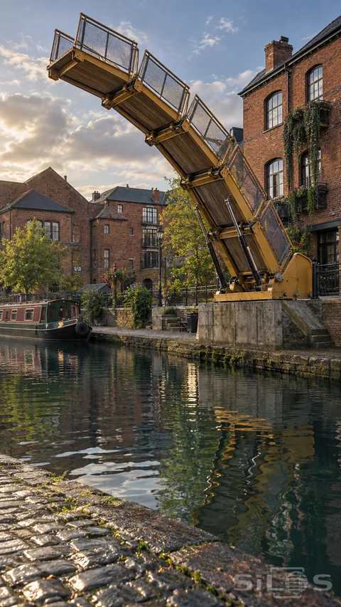 Rolling footbridge with a hinged deck and ochre steel panels rising above canal reflections beside brick buildings.