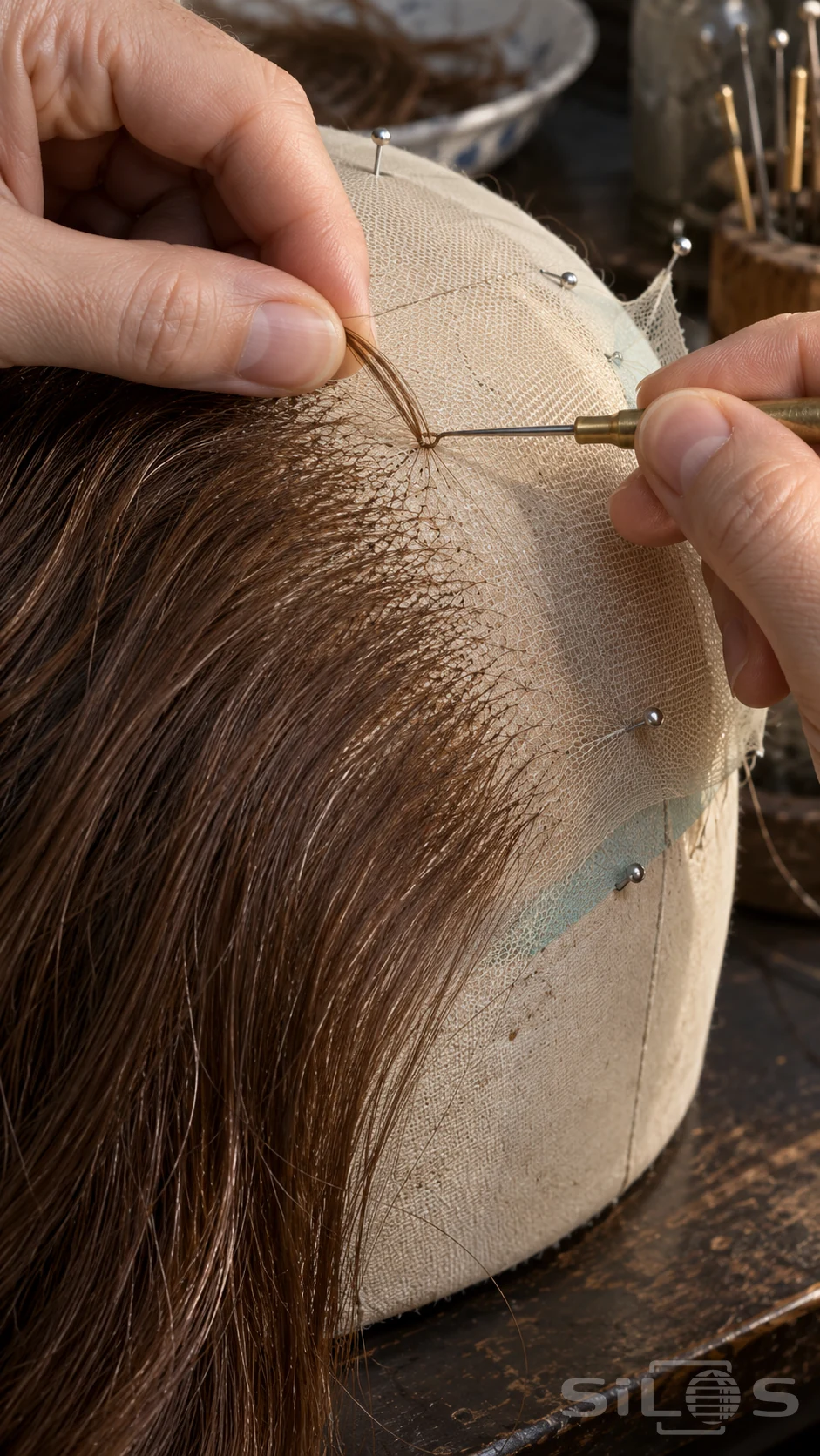 Adult hands knot brown hair into a lace wig with a hooked needle on a pinned canvas block.