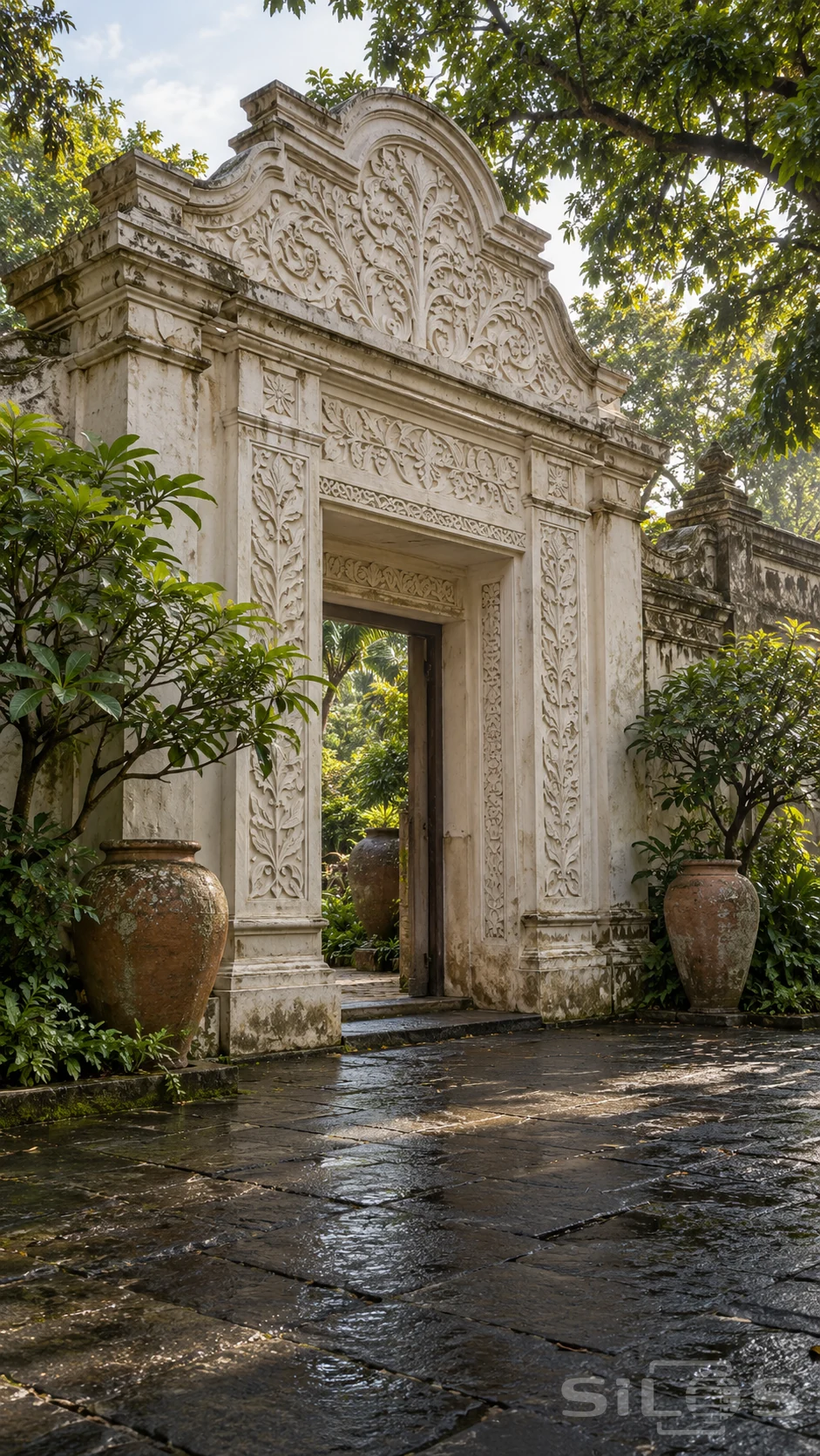 Weathered ivory garden gateway with carved leaf patterns, terracotta urns and wet stone paving beneath trees.