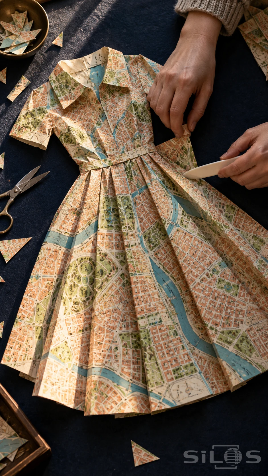Paper map dress with a folded collar and pleated skirt being shaped by adult hands with a bone folder on navy felt.