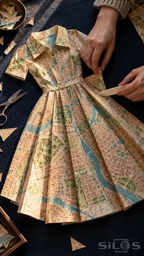 Paper map dress with a folded collar and pleated skirt being shaped by adult hands with a bone folder on navy felt.