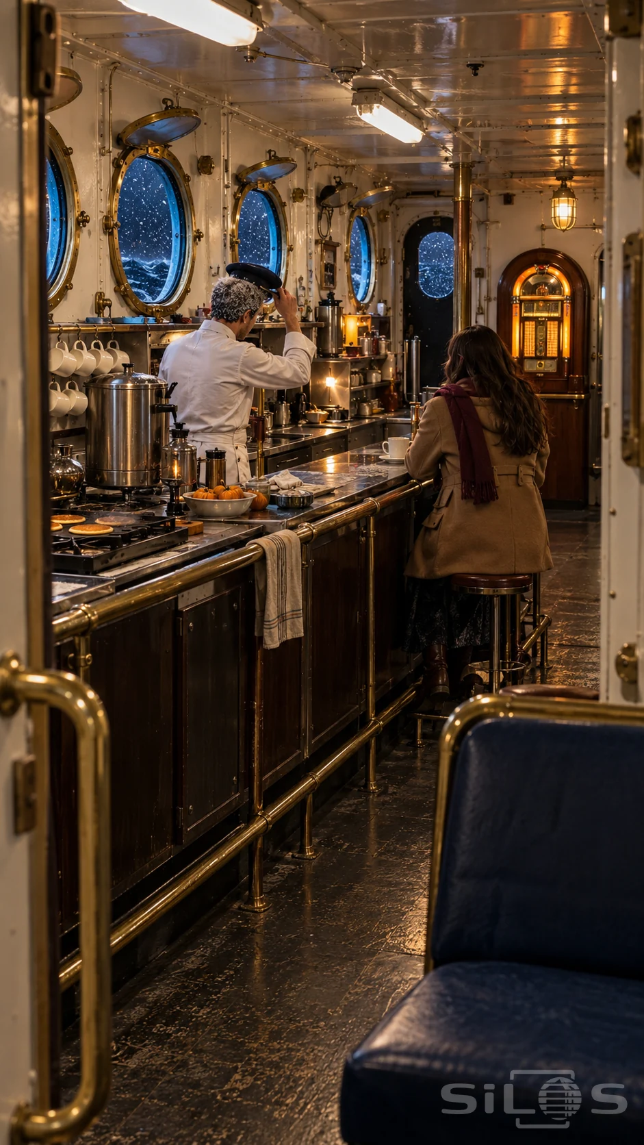 Warm ferry galley with snowy blue portholes, a steward lifting his cap over frost-covered hair, and a seated passenger.
