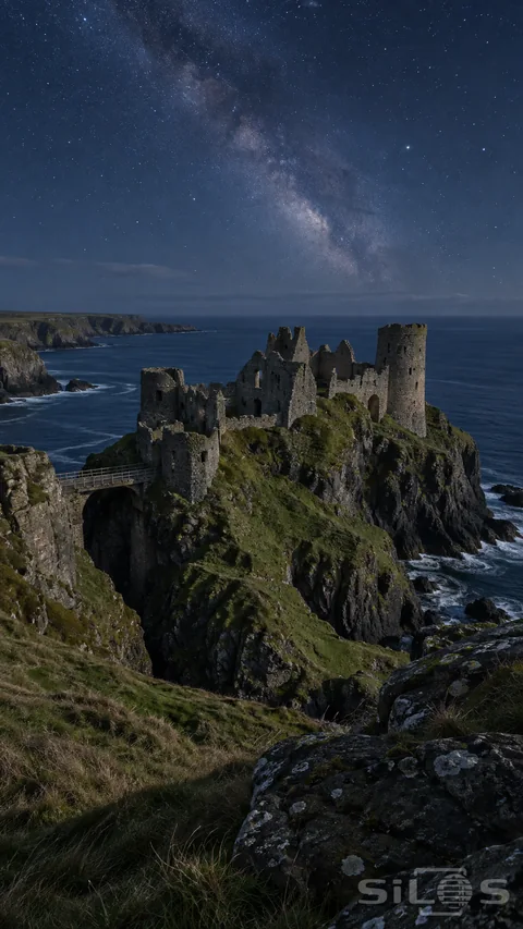 Coastal castle ruins occupy a rocky headland above the dark sea.