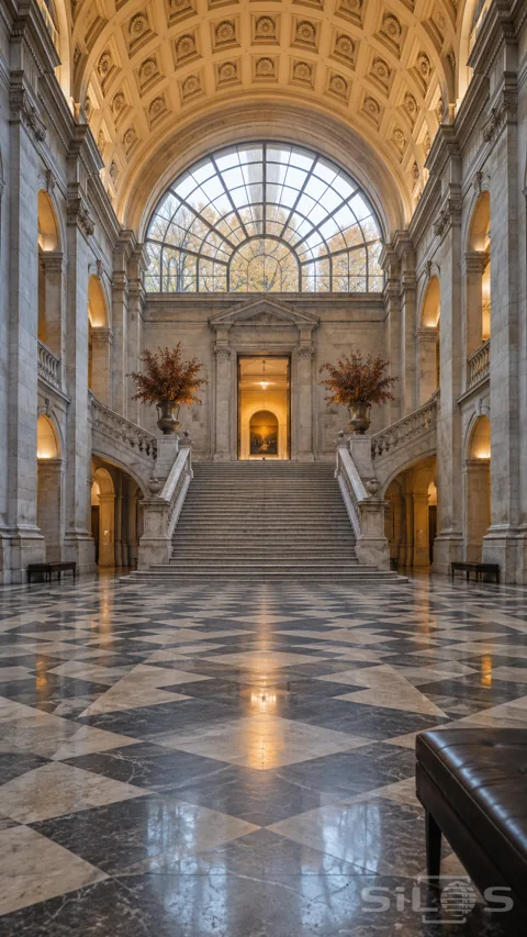 Grand limestone entrance hall with a broad staircase; huge semicircular window; amber coffered ceiling and geometric marble floor.