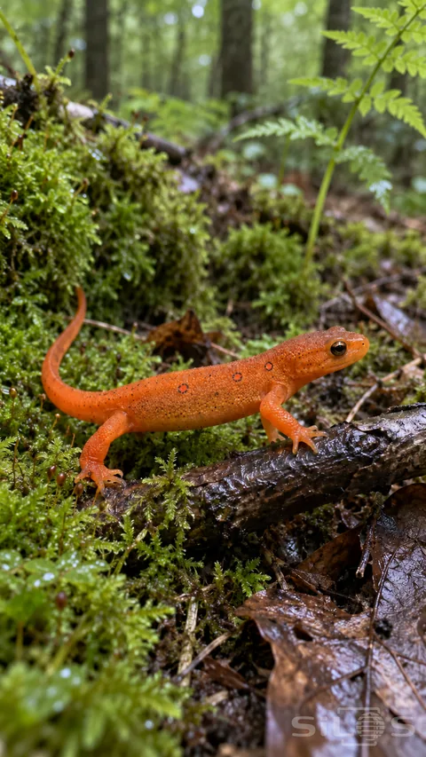 A red eft steps across a wet twig in green woodland with a curved orange tail above moss and dark fallen leaves.