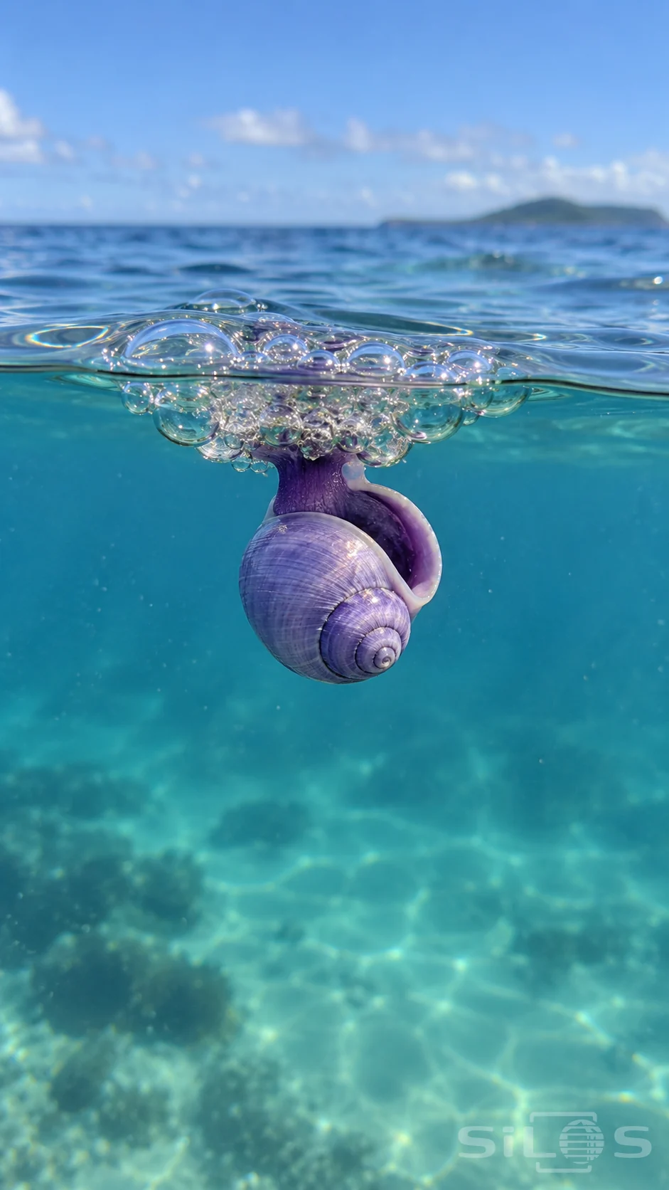 Violet sea snail hangs beneath a transparent bubble raft at the surface of clear turquoise water.