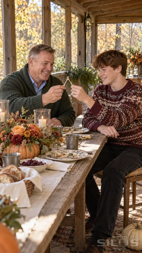 A father and teenage son hold a Thanksgiving wishbone together at a flower-filled table on an autumn porch.