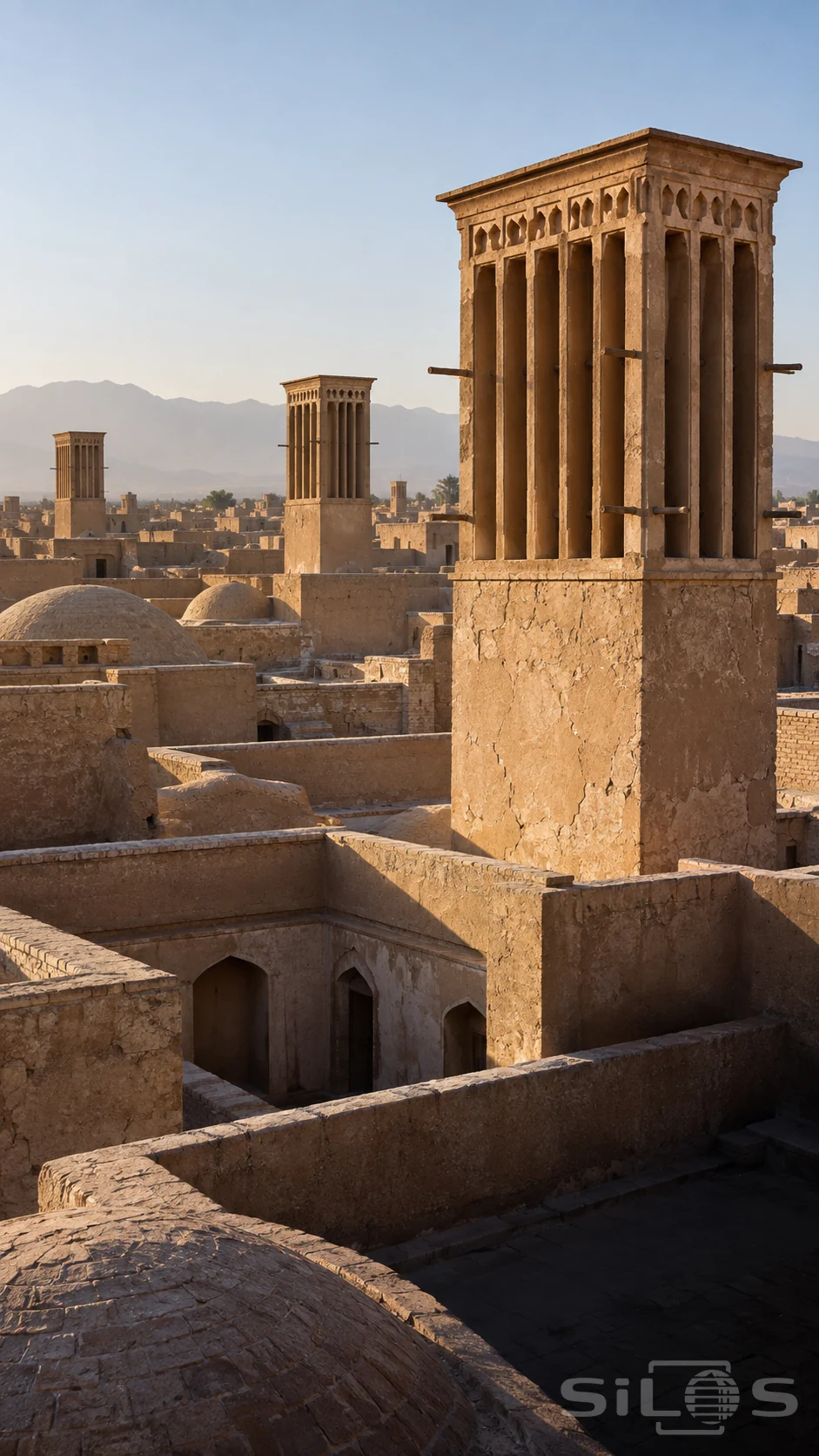 Ochre windcatcher towers with tall vertical openings stand above clay roofs, plain parapets and a recessed courtyard.