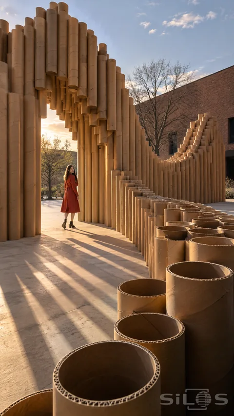 Cardboard tube pavilion with a tall arch; undulating walls and an adult visitor passing beneath hollow paper cylinders.