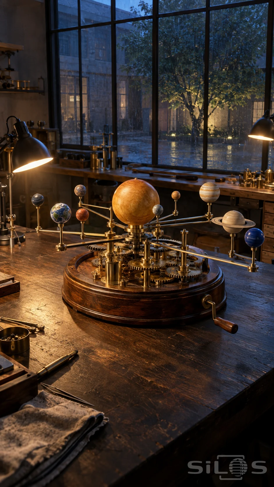 Mechanical orrery with brass gears, coloured planet spheres and a wooden base on a workbench beside a rainy window.