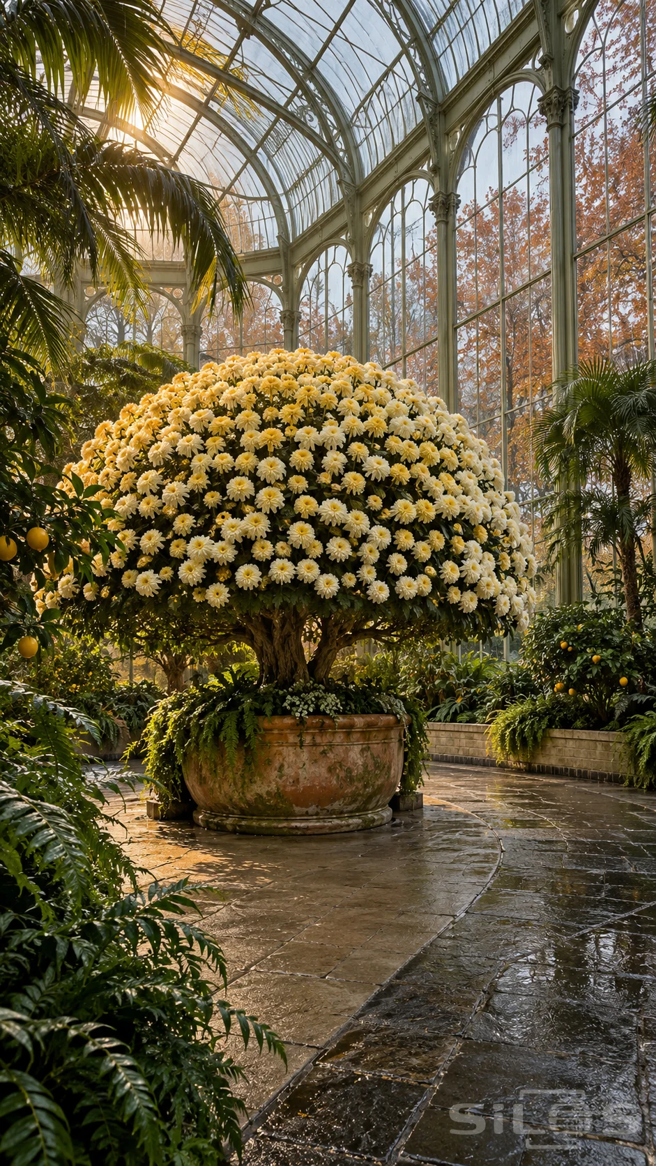 A huge pale yellow chrysanthemum canopy in a weathered terracotta pot beneath tall arched greenhouse windows and palms.