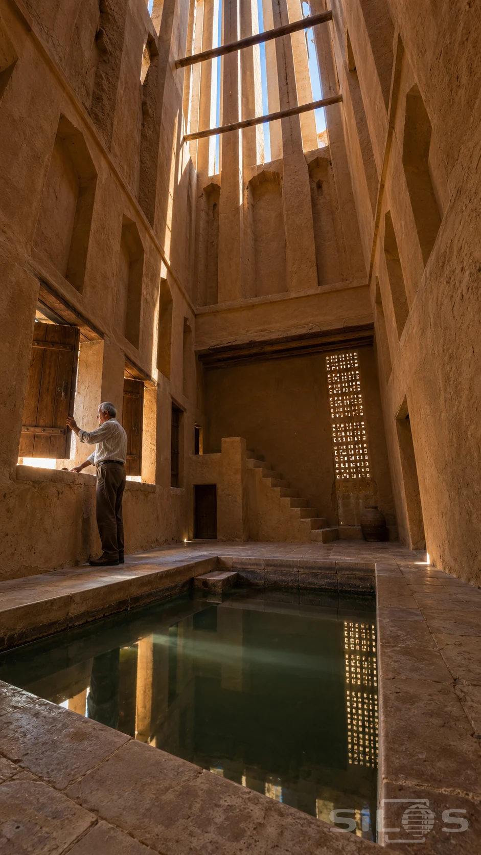 A caretaker opens timber shutters inside an ochre wind tower above a square cooling pool and stone steps.