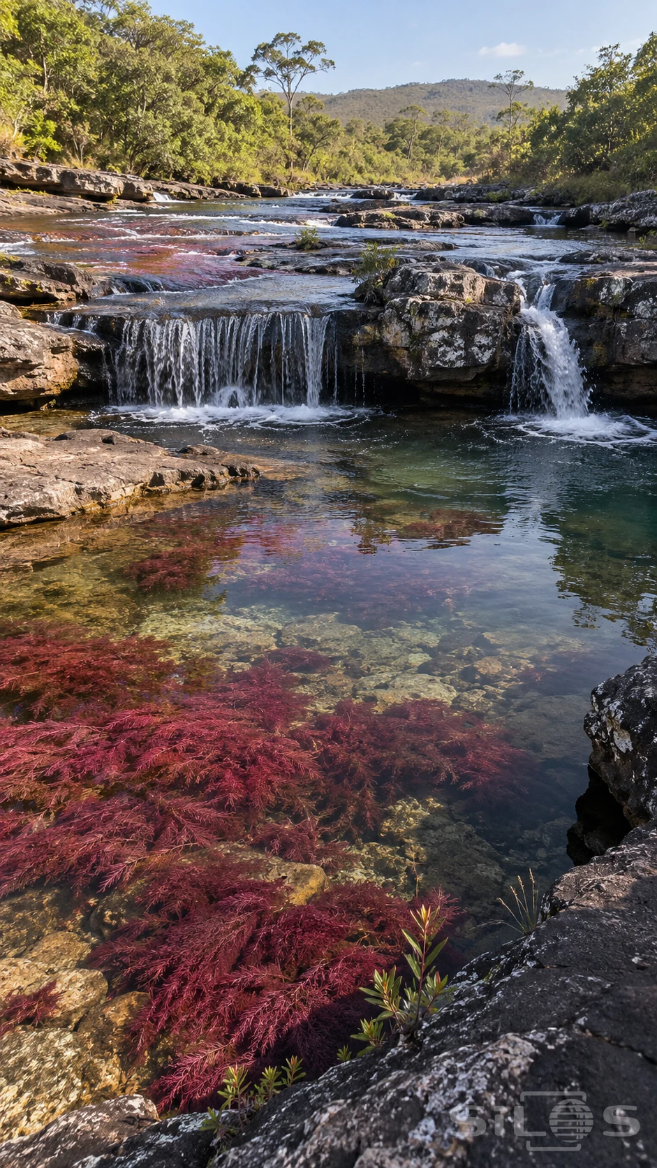 Feathery red plants grow beneath clear river water below two small waterfalls, dark rock shelves and a green wooded bank.