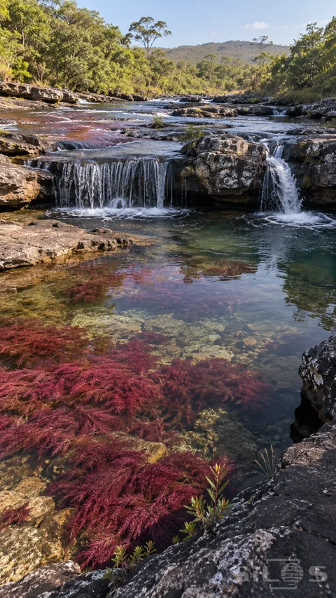 Feathery red plants grow beneath clear river water below two small waterfalls; dark rock shelves and a green wooded bank.