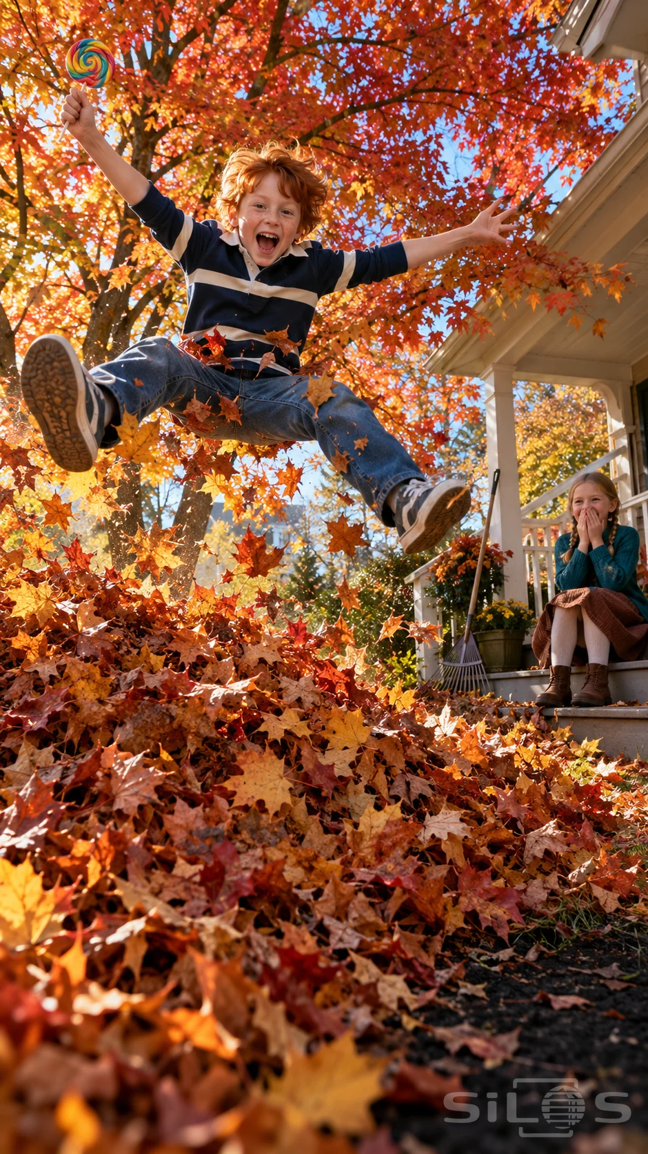 A red-haired boy holding a swirl lollipop jumps over a maple-leaf pile as a girl laughs from the porch steps.