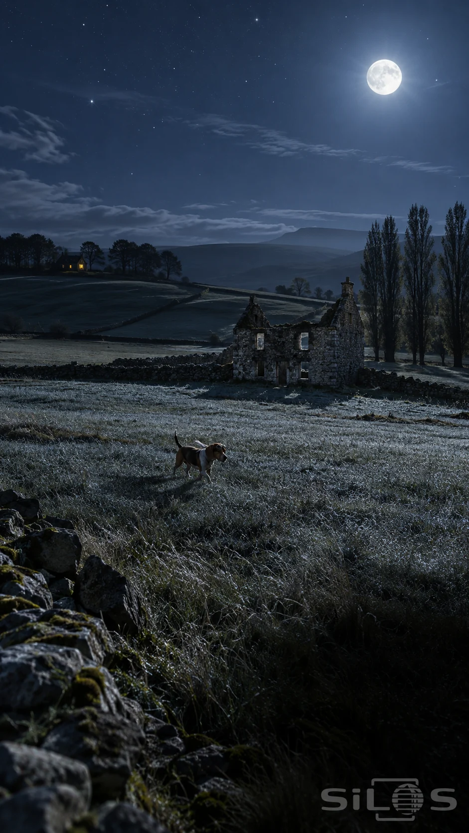 A small beagle with an aviator cap and white scarf trots through moonlit grass near a roofless stone farmhouse.