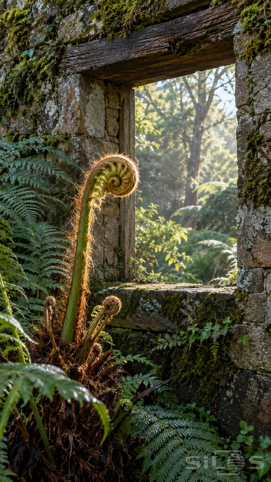 A fern crozier edged with golden hairs unfurls beside a ruined window framed by mossy stone and a weathered wooden lintel.