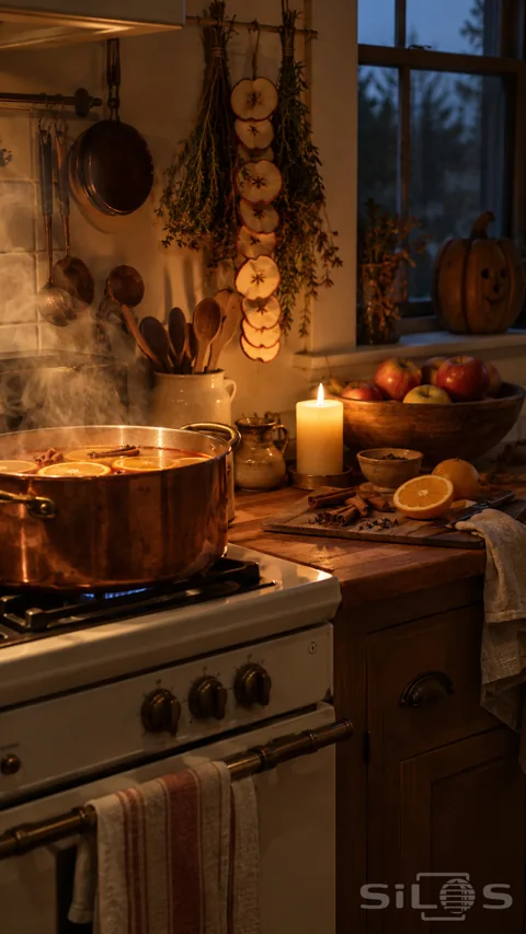 A copper pot of mulled cider steams on a cream range beside oranges; cinnamon and a candle in a farmhouse kitchen.
