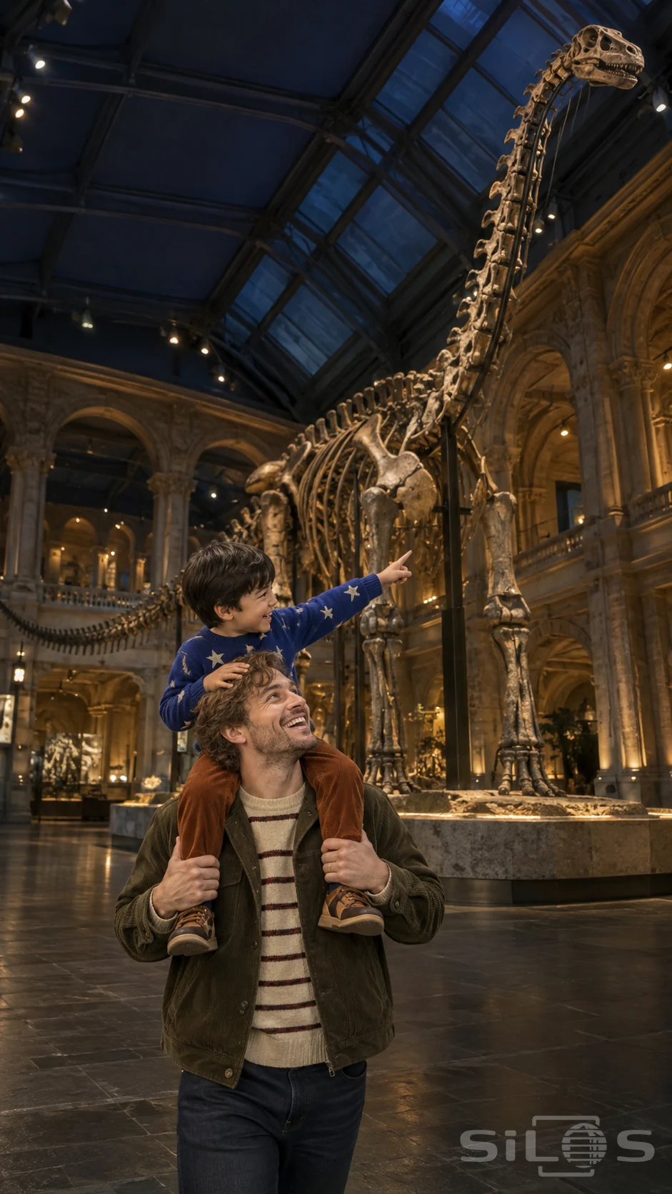 A dinosaur shoulder ride with a young boy pointing from his father's shoulders toward a giant museum skeleton.