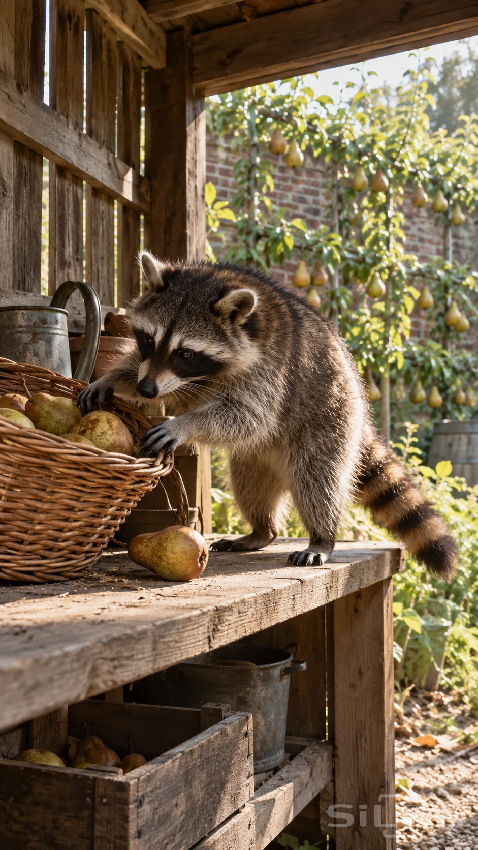 A raccoon tips a wicker pear basket on a wooden shelf inside an orchard shed, with one loose pear and sunlit branches beyond.
