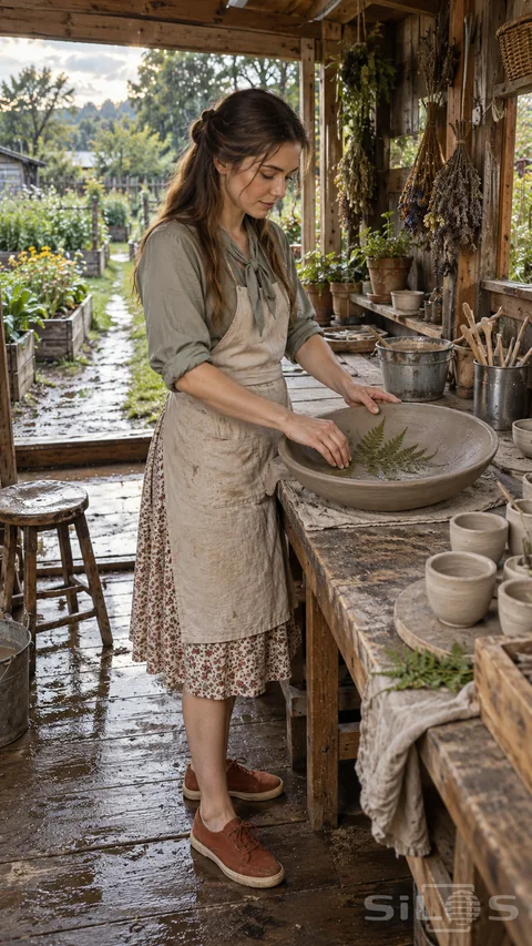 A woman pressing a fern into clay steadies a broad bowl on a pottery workbench inside an open garden shed.