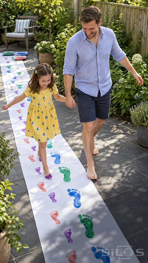 Father and daughter hold hands while making painted footprints along a white paper runway on a garden patio.