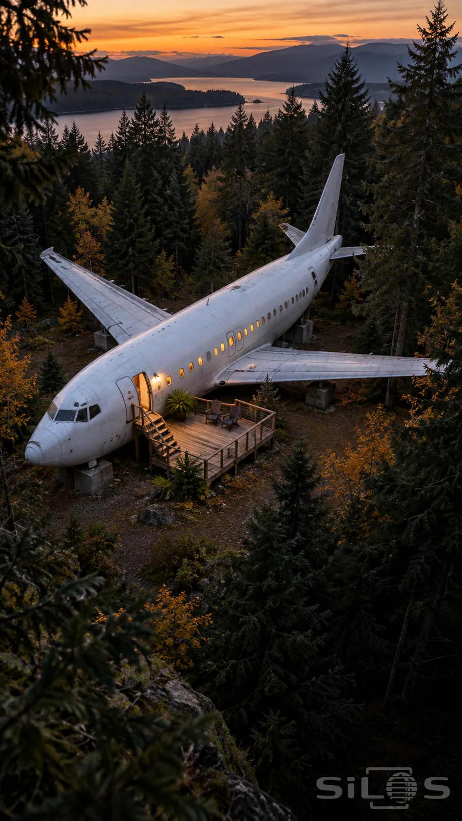 A grounded white passenger airplane with glowing windows and a timber entry deck stands in a forest clearing at sunset.
