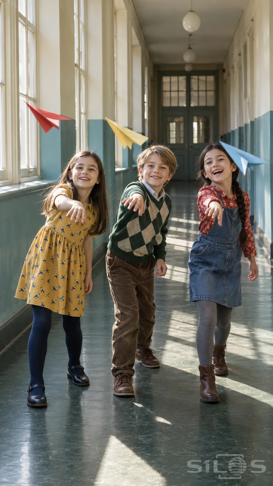 Three children throw red, yellow and blue paper planes in a sunny school corridor with turquoise walls.