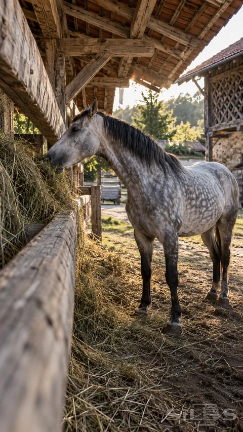 A gray dappled horse eats dry hay between weathered rails beneath the red-tiled roof of an open timber hayrack.
