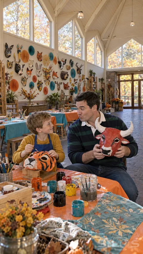 Tiger mask painting pauses as a boy smiles at his father holding a red papier mache bull mask inside a bright festival art hall.