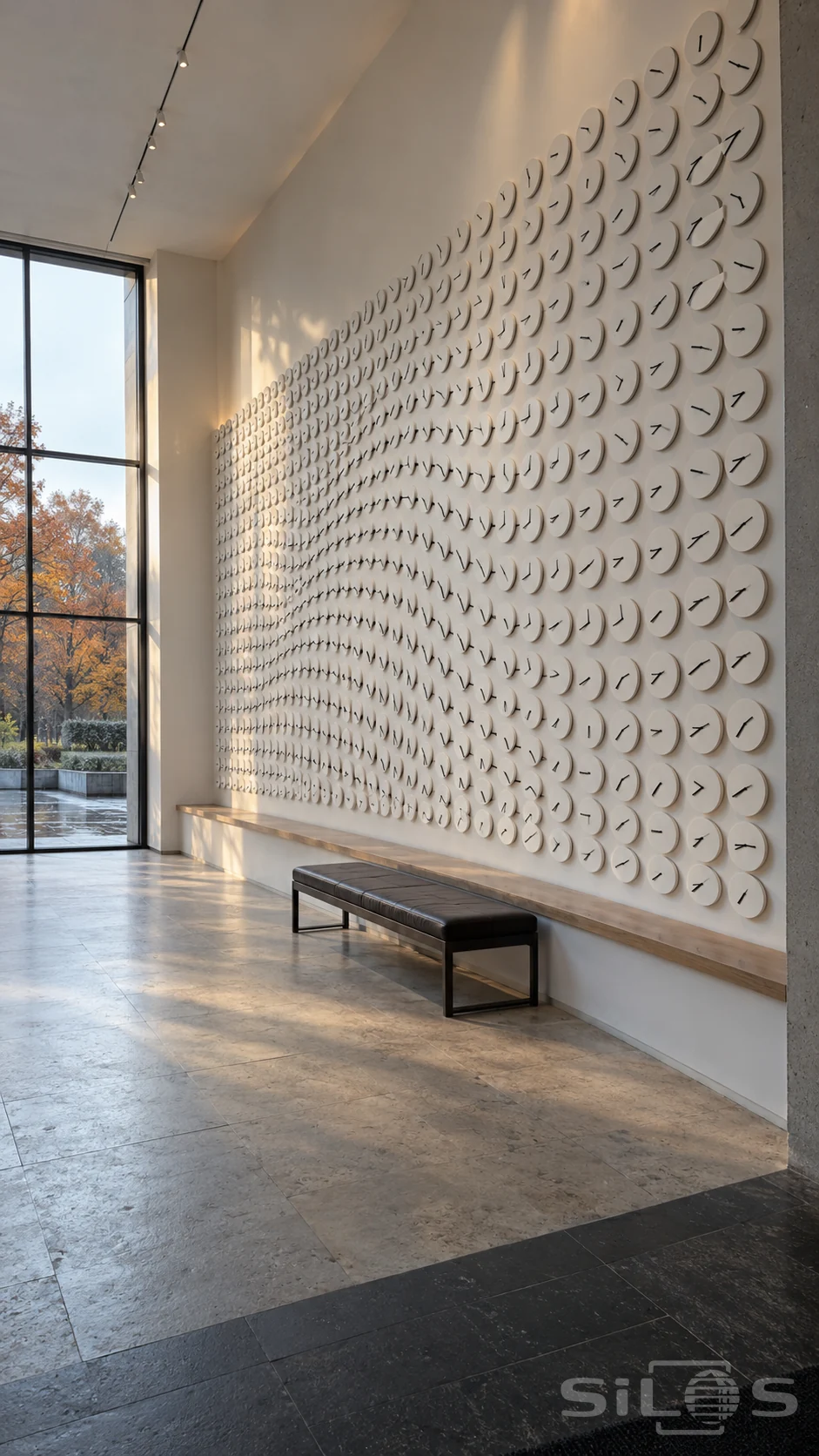 Hundreds of small unnumbered white clock faces form a wall installation above a dark bench beside a tall autumn-lit window.