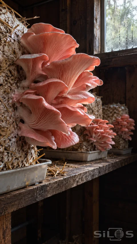 Clusters of pink oyster mushrooms grow from supported substrate blocks on a wooden shelf in a dim growing alcove.